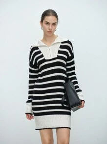 Aalyst 女士秋冬休闲日常拉链条纹针织毛衣连衣裙 - 黑與白 - 查看 3