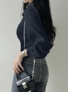 DAZY Áo cánh rộng xếp ly màu trơn dành cho nữ, màu xanh navy, thời trang xuân/hè/thu, áo dài tay mùa thu dành cho nữ - Màu xanh hải quân - Xem 2