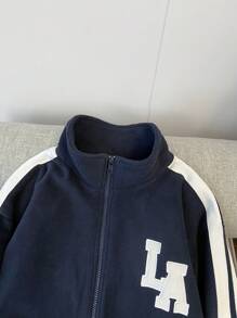 SHEIN Leap Crew 青少年男孩拼色立领字母印花拉链夹克外套，保暖内衬，适合秋冬季，运动休闲户外 - 灰色 - 查看 5