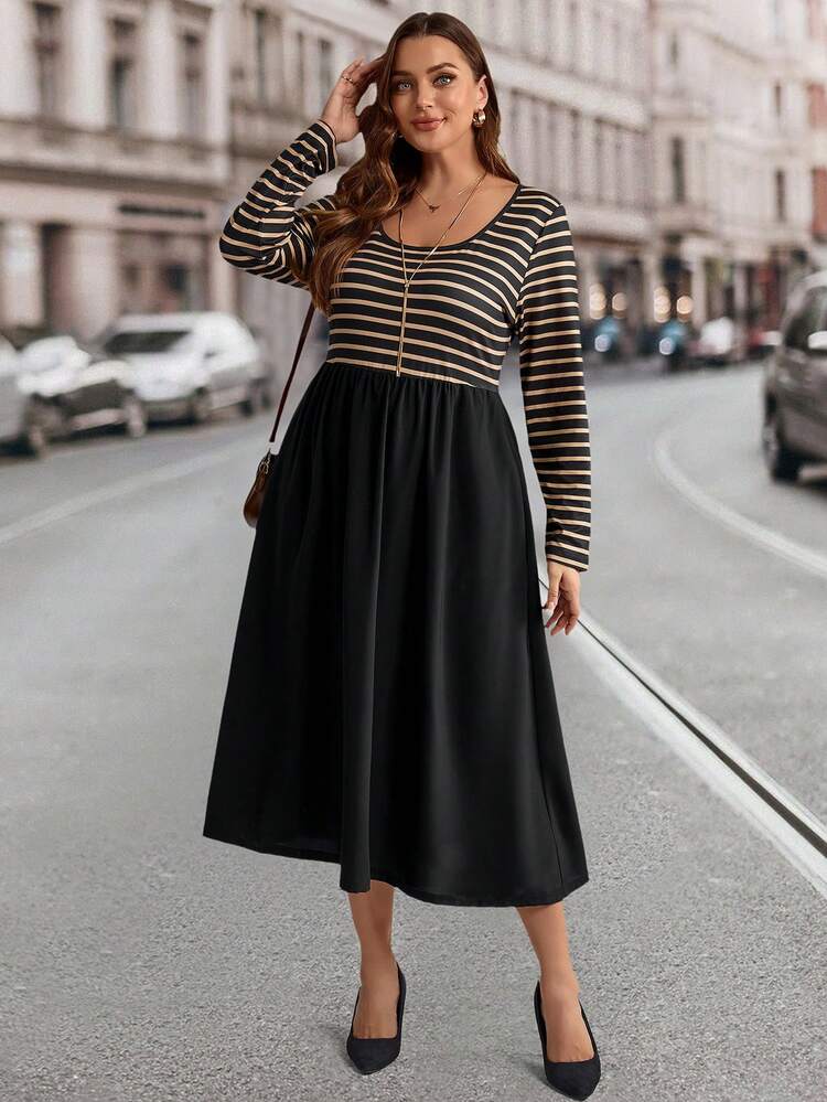 Plus Size Winter Women Long Sleeve Patchwork Striped Round Neck Long Sleeve Pocket Casual Dress