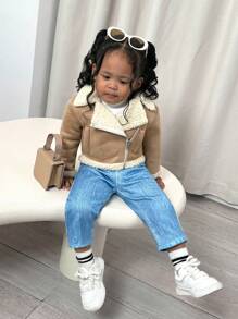 SHEIN 3pcs Baby Girl Set: Khaki Thermal Lined Collared Jacket, Knit Sweater, And Long Pants, Cute & Versatile, Autumn/Winter - Multicolor - View 3