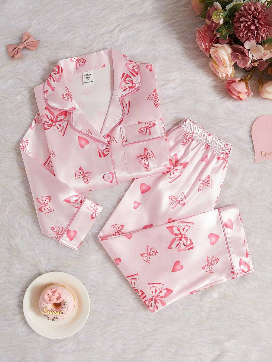 SHEIN 2pcs/Set Little Girls Cute Bow Print Lapel Cardigan With Casual Pants, Comfortable Loungewear - Multicolor - View 1