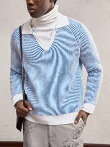 AKNOTIC Business Casual Men Contrast V-Collar Striped Color Block Pattern Urban Raglan Sleeve Pullover Long Sleeve Sweater, For Old Money Men, Boyfriend Gift, For Fall, Winter, Spring - Multicolor - View 3