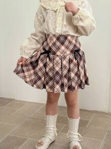 SHEIN LMoss Kids LMoss Young Girl 少女编织格子紧身休闲裙 - 彩色 - 查看 4