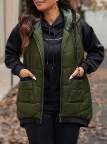 SHEIN LUNE Plus Size Army Green Patchwork Pocket Zipper Drawstring Hooded Padded Vest, Winter