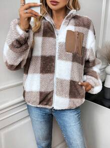 SHEIN LUNE Stand Collar Zipper Front Pocket Plaid Double-Faced Wool Jacket, Casual And Elegant Outerwear Suitable For Outdoor And Home, Warm For Women In Autumn And Winter