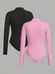 SHEIN EZwear Women Solid Color Thermal Lined Bodysuit, Minimalist Style For Autumn/Winter - Pink - View 2
