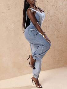 Slaydiva 女士休闲双色露背前拉链牛仔连身裤