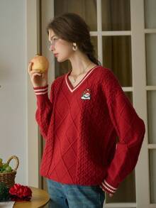 Simple Retro 女装秋冬休闲V领撞色麻面条纹章柴红优雅复古宽松长袖套头毛衣 - 紅色 - 查看 4