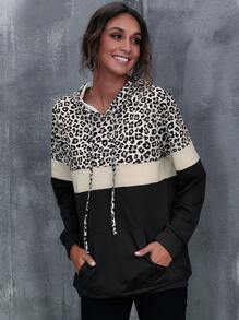 SHEIN PETITE Women's Casual Leopard Print Contrast Color Kangaroo Pocket Hoodie - Multicolor - View 3