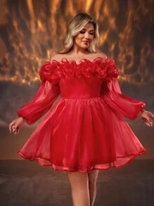 SHEIN Belle Elegant Bright Red Organza Ruffle Trim Off Shoulder Formal Dress, Plus Size, For Gala