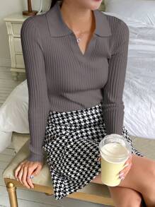 DAZY Business Casual Style Solid Color Ribbed Knit Turtleneck Sweater - Grey - View 1