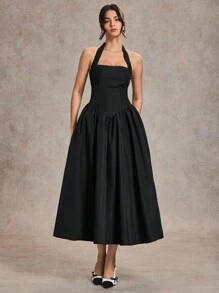 SHEIN BAE Elegant Women's Long Neck-Tie Dress, Suitable For Casual Dates And Outings, Autumn - Black - View 1