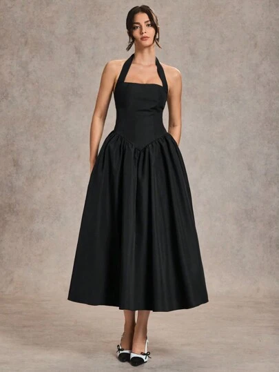 SHEIN BAE Elegant Women's Long Neck-Tie Dress, Suitable For Casual Dates And Outings, Autumn