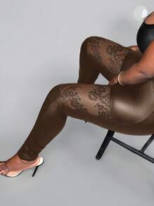 Slaydiva Pantalones de mujer 2024 nuevos, de lujo, diseño de encaje, con insertos transparentes, estilo sexy y urbano, color negro