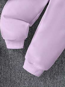 年轻女孩可爱猫咪印花连帽运动衫套装，时尚休闲 - 紫色 - 查看 7