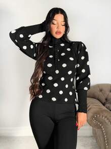 Zolique Women Polka Dot Button Turtleneck Long Sleeve Knit Sweater Top, Fitted Design For Elegant Gatherings, Suitable For Autumn/Winter Knit Pullover Fall - Black and White - View 7