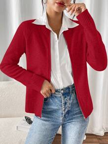 SHEIN Unity Cárdigan con cierre de cremallera de manga raglán de unicolor para mujer, informal para otoño/invierno - Rojo - Ver 7