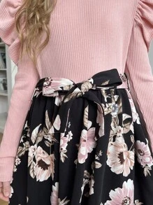 SHEIN Leap Crew Tween Girl 复古罗纹针织花卉拼布羊腿袖领口收腰 A 字型优雅连衣裙，适合派对、休闲外出、女性风格、粉色连衣裙 - 粉色 - 查看 4