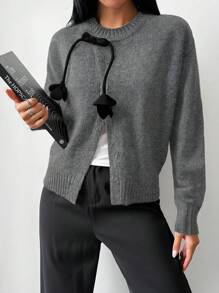SHEIN Unity Round Neck Long Sleeve Button Front Split Women Sweater, Autumn/Winter Knit Pullover Fall - Grey - View 4