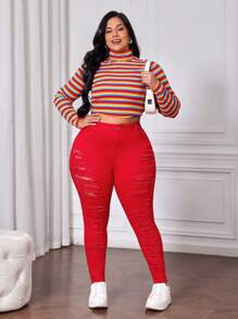 SHEIN CURVE+ Women's Plus Size Red Denim Stretch Ripped Trousers Christmas Red Jeans Slimming Pants High Elasticity, Fall Women Clothes - Red - View 7