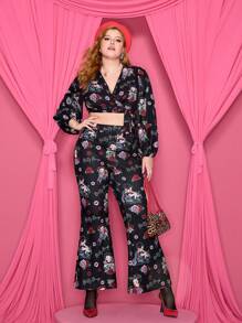 Betty Boop x SHEIN 大码女式卡通人物及唇形印刷高腰喇叭裤