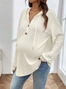 SHEIN Maternity Buttoned Half Placket Drawstring Sweatshirt With Ribbed Details And Raglan Sleeves - Apricot - View 3