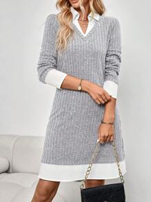 EMERY ROSE 灰色拼色搭配白色饰边办公室连衣裙 办公室装 女士商务休闲女士迷你连衣裙 - 灰色 - 查看 4