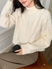 DAZY Women's Turtleneck Loose Fit Cable Knit Pullover Sweater,Fall Women Clothes - Beige - View 4