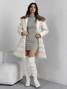 SHEIN Privé 女士休闲拼色毛绒领夹棉大衣，冬季 - 杏色 - 查看 5