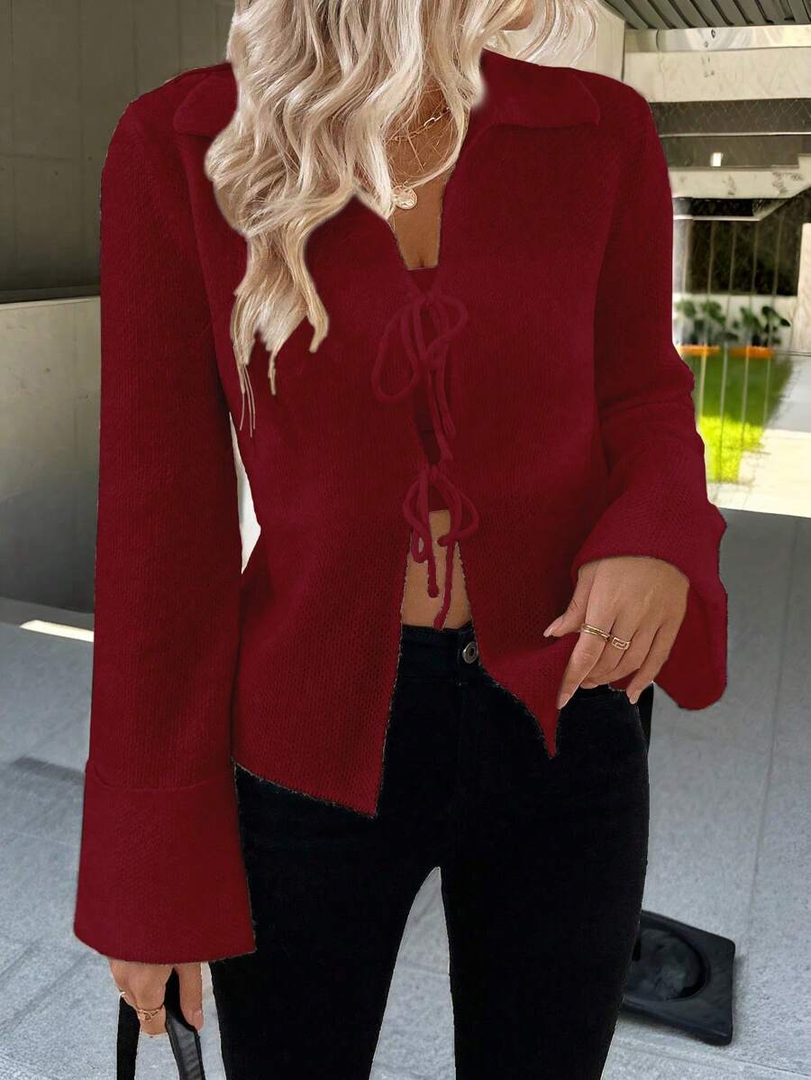 SHEIN LUNE 网红款可调节前系带休闲翻领开衫,米色,适合新年衣服 - 紅色 - 查看 1