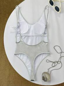 Swim SXY Đồ bơi liền thân hở lưng họa tiết kim loại trơn mùa hè gợi cảm cho nữ - Bạc - Xem 4