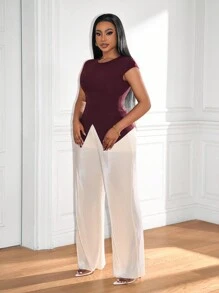 Zolique Women 2pcs Set Fashion Short Sleeve Slit Hem Elegant Bodycon Top + Casual Loose High Waist Wide Leg Pants Suit, Autumn