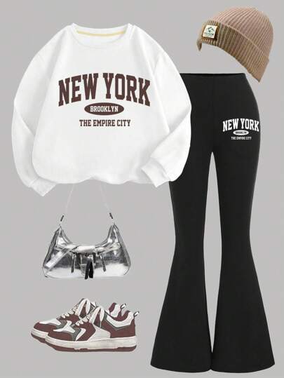 SHEIN Leap Crew Tween Girls 2 件套：针织圆领字母印花宽松运动衫和喇叭裤，休闲