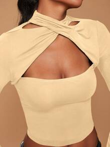 Hauture Cross Over Halter Hollow Out Long Sleeve Jersey Top - Apricot - View 4