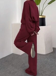 INAWLY 2 件套女士休闲拉链蝙蝠袖夹克和阔腿裤套装，秋季 - 酒紅色 - 查看 2