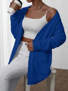 Chiquease 女士纯色长袖口袋开衫，日常休闲装 - 寶藍色 - 查看 4