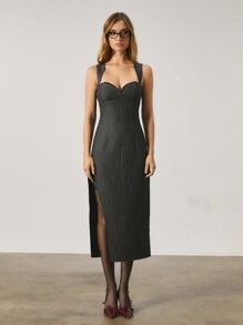 SHEIN Unity Women's Mid-Length Striped Contrast Lace High Slit Camisole Bodycon Dress, Suitable For Work And Commute - Grey - View 1