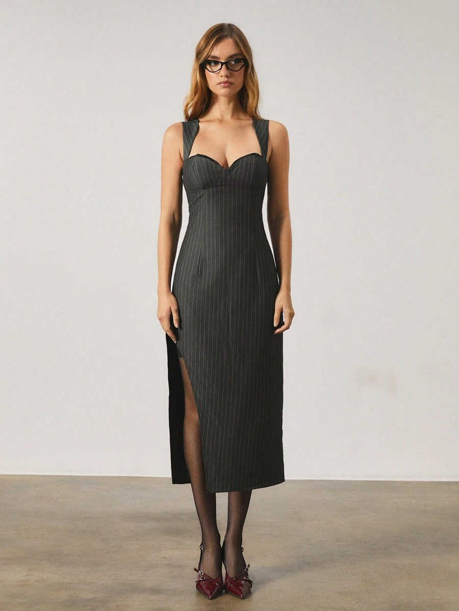 SHEIN Unity Women's Mid-Length Striped Contrast Lace High Slit Camisole Bodycon Dress, Suitable For Work And Commute - Grey - View 1