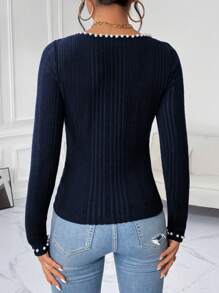 SHEIN Privé 女式优雅串珠装饰修身 T 恤，秋季 - 藏蓝色 - 查看 2