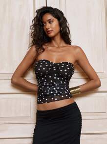 Opulessa 女式休闲针织网眼经典波尔卡圆点修身抹胸 - 黑與白 - 查看 4