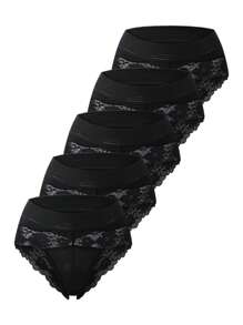 5 pares de bragas de bikini de mujer con parches de encaje de unicolor en estilo simple - Negro - Ver 3