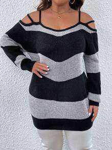 SHEIN LUNE Áo len chui đầu in sọc rỗng màu tương phản cỡ lớn thường ngày - Nhiều màu - Xem 1
