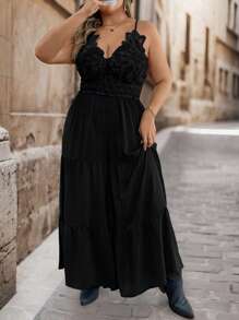 SHEIN VCAY 大码绿色细肩带蕾丝菠萝图案拼接腰部分层阔腿连体裤，系带，秋季休闲度假装 - 黑色 - 查看 5