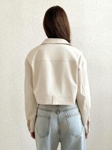 Flirla Zip Up Drop Shoulder Crop Jacket Fall Winter Cloth For Women - Beige - View 2