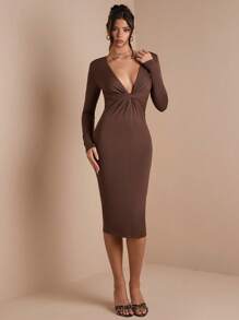 SHEIN BAE 秋冬纯棕咖啡色优雅性感深 V 领长袖扭纹褶皱中长连衣裙，适合鸡尾酒会、浪漫约会、分层搭配、派对、正式场合、夜间外出、婚礼嘉宾、万圣节、圣诞节 - 棕色 - 查看 6