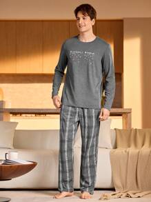 男士圆领长袖印花简约上衣和裤子睡衣套装 - 深灰色 - 查看 5