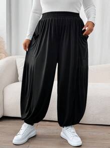 SHEIN CURVE+ Plus Size Black Loose Knit Long Women Jogger Pants - Black - View 8