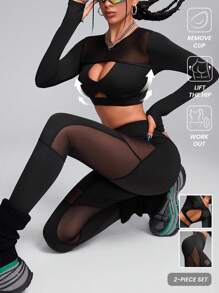 Innovista 网眼面板镂空后背运动长袖超短 T 恤和高腰紧身裤运动套装、2 件套、网眼面板短款上衣和收腹提臀弹力紧身裤套装、音乐节、Y2k、派对、黑色套装、秋冬、秋冬女装、运动服、性感长袖上衣 - 黑色 - 查看 1