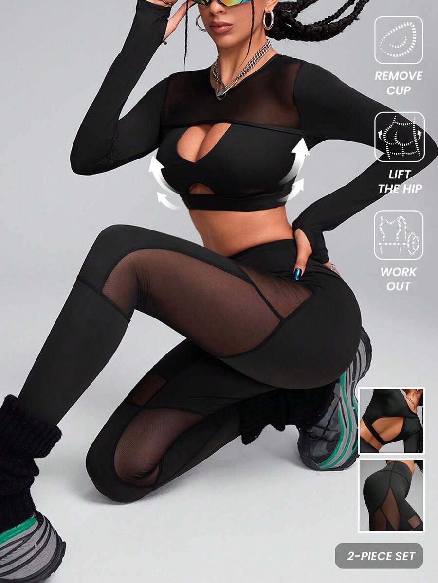 Innovista 网眼面板镂空后背运动长袖超短 T 恤和高腰紧身裤运动套装、2 件套、网眼面板短款上衣和收腹提臀弹力紧身裤套装、音乐节、Y2k、派对、黑色套装、秋冬、秋冬女装、运动服、性感长袖上衣 - 黑色 - 查看 1